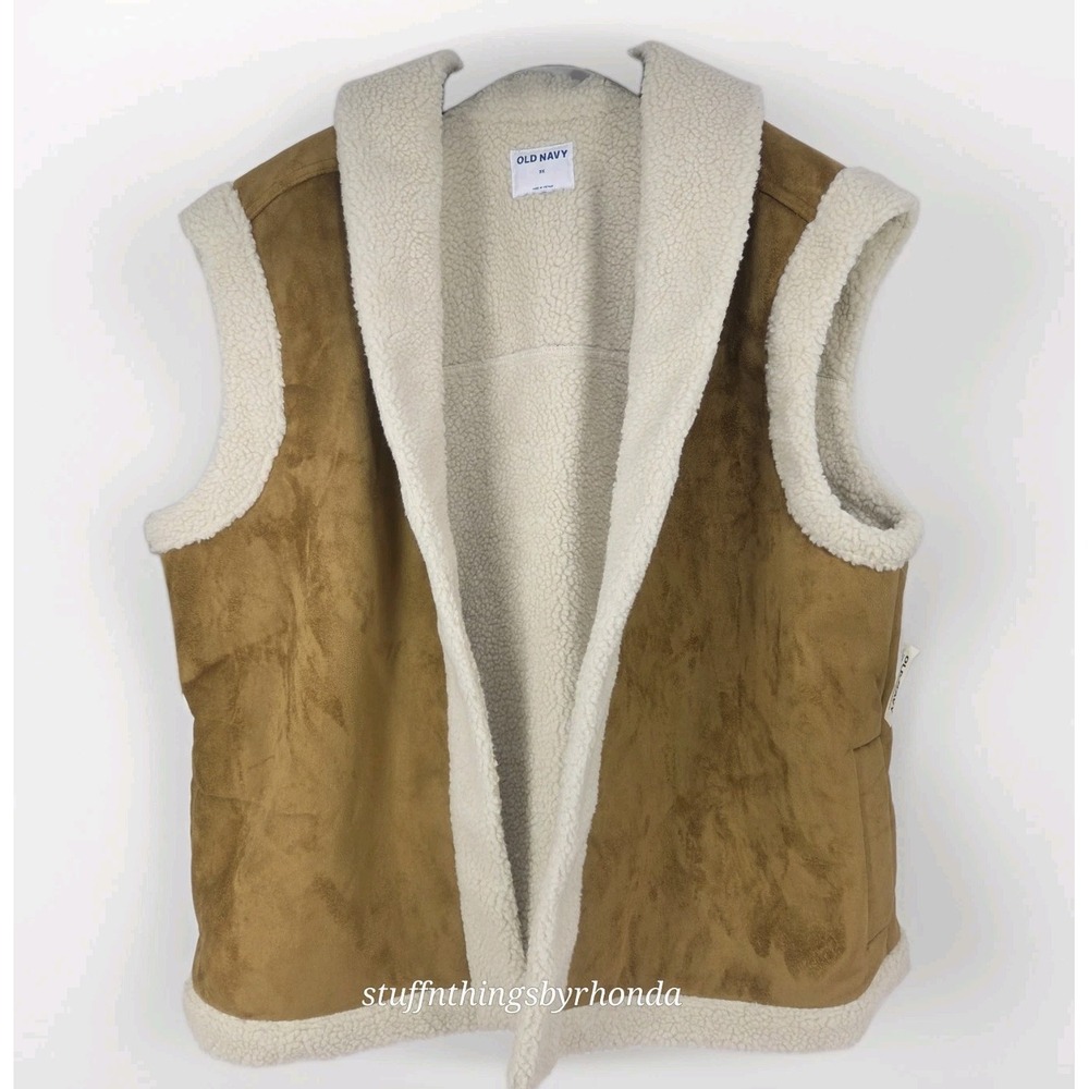 NWT Old Navy Faux Suede Sherpa Trim Vest Womens XXXL Brown Sleeveless Open Front
